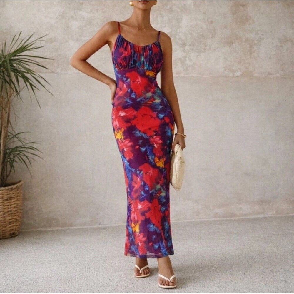 Pretty Garden Floral Red Mesh Bodycon Maxi Dress Spaghetti Strap Women L Resort - Picture 12 of 14